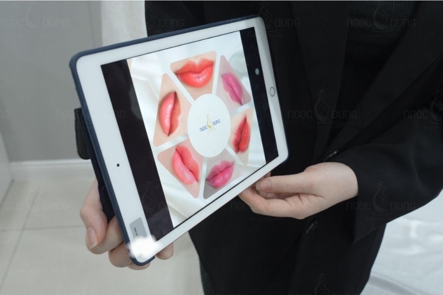 Chuyên viên thăm khám và tư vấn màu môi cho khách hàng