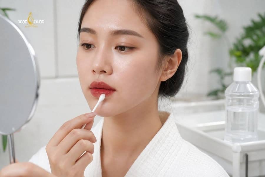 Vệ sinh môi sau phun với nước muối sinh lý để sát trùng tránh làm môi sưng do kích ứng