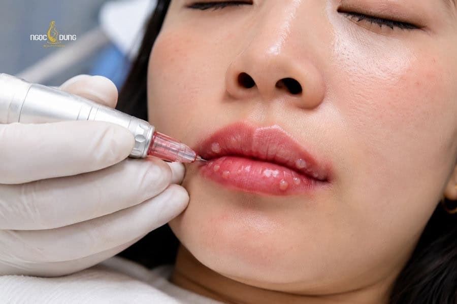 Kỹ thật viên đi kim phun xăm sâu vào môi cũng ảnh hưởng đến nền môi và làm môi nổi mụn nước