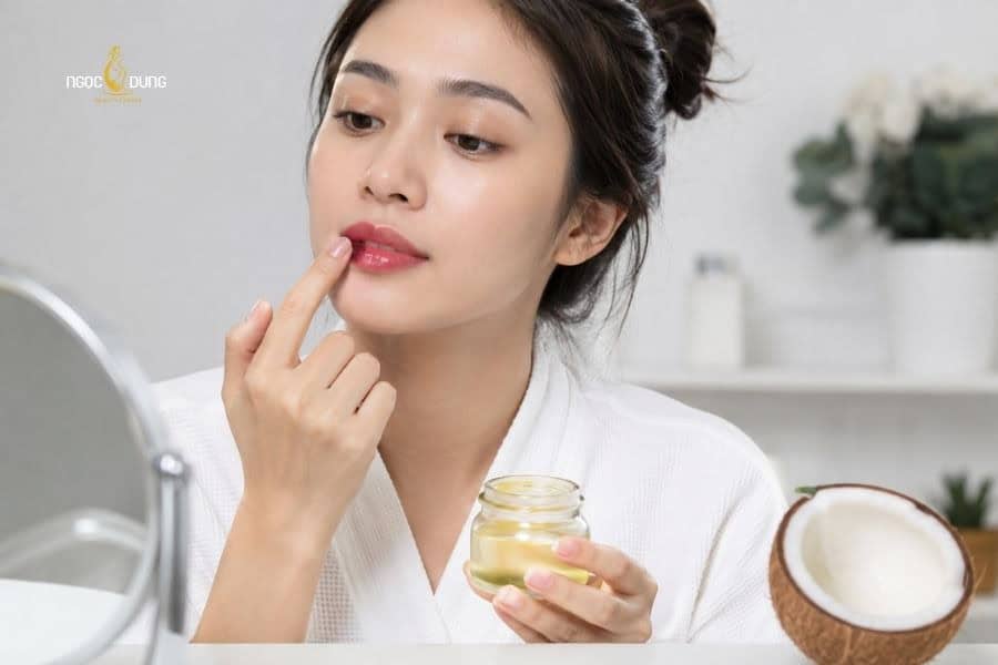 Cách dưỡng môi sau phun xăm lên màu chuẩn đẹp, lâu bền 7 Massage môi với dầu dừa để giảm thâm môi sau bong mực xăm