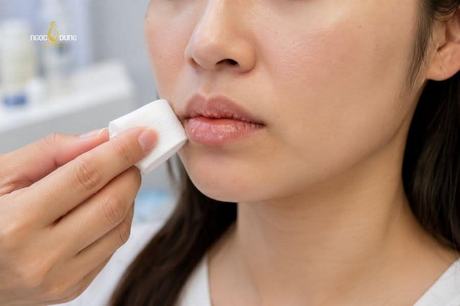Hãy vệ sinh môi bị mụn nước nhẹ nhàng với nước muối sinh lý để sát khuẩn