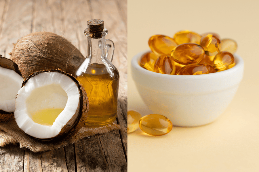 Dầu dừa cùng vitamin E giúp cải thiện kèm theo giảm độ sạm màu