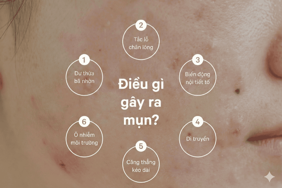 Mụn không xuất phát từ một nguyên nhân đơn lẻ mà thường là sự kết hợp của nhiều yếu tố cùng lúc