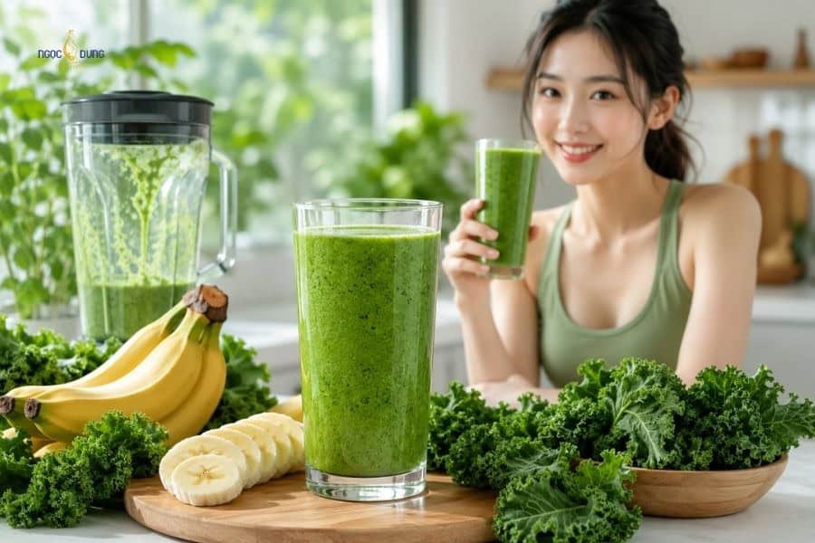 Các loại sinh tố đẹp da giúp chống lão hóa hiệu quả 3 Sinh tố chuối cải xoăn là lựa chọn phù hợp cho người muốn bổ sung rau xanh nhưng vẫn thích vị ngọt dễ uống