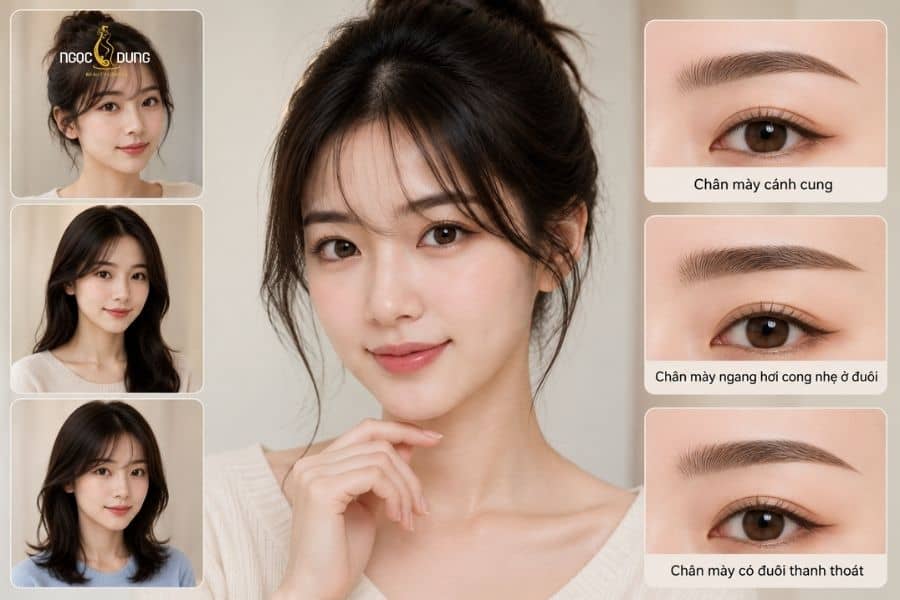 Mắt mí lót nên để kiểu tóc và dáng chân mày nào? Người sở hữu mắt mí lót nên ưu tiên các kiểu tóc mái thưa, tóc mái bay nhẹ nhàng hoặc tóc uốn sóng lơi để tạo độ thanh thoát cho gò má và thu hút sự chú ý vào đường nét tổng thể. Những kiểu tóc này giúp nâng gáy gương mặt, tránh che khuất tầm nhìn và hạn chế cảm giác đôi mắt bị nhỏ hay chìm so với tổng thể. Bên cạnh kiểu tóc, việc định hình đường viền mày phù hợp sẽ giúp đôi mắt mí lót trông to tròn và sáng hơn: Chân mày dáng cánh cung nhẹ: Đường cong mềm mại giúp mở rộng khoảng cách giữa mắt và lông mày, tạo hiệu ứng khoảng không trán thoáng đãng. Chân mày ngang hơi cong nhẹ ở đuôi: Giúp cân bằng tỉ lệ khuôn mặt, mang lại vẻ thanh tú, trẻ trung mà vẫn giữ nét tự nhiên. Tỉa gọn phần đuôi mày: Giữ phần đuôi mày thanh thoát, tránh để lông mày quá rậm hoặc cong vút sắc nét vì dễ làm đôi mắt trông nhỏ lại.