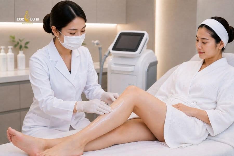 Quy trình triệt lông chuẩn y khoa tại viện Ngọc Dung 13 Chuyên viên tiến hành bôi kem dưỡng cho khách hàng sau khi triệt lông xong