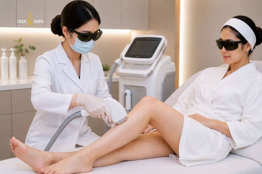 Quy trình triệt lông chuẩn y khoa tại viện Ngọc Dung 12 Chuyên viên điều chỉnh thông số và đi máy triệt lông tác động lên da