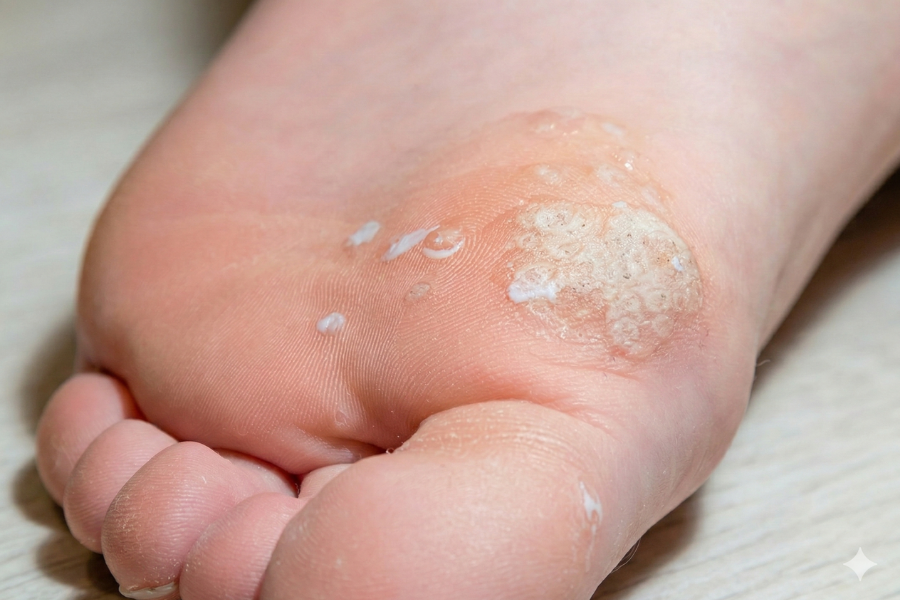 Dấu hiệu mụn cóc thể khảm là chúng tập hợp thành mảng lớn ở mu bàn chân