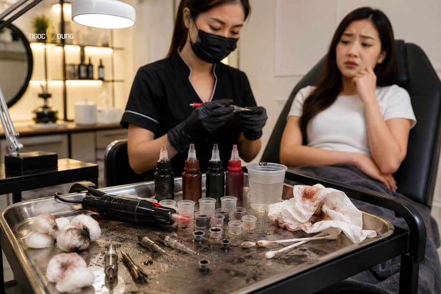 Dụng cụ phun xăm không đảm bảo vô trùng dễ làm môi bị chảy nước mô kéo dài và kích ứng nói chung