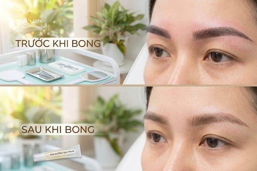 Dấu hiệu lông mày bong sau phun xăm và Hình ảnh thực tế 2 Lông mày trước và sau khi bong (sau 7 ngày phun xăm)