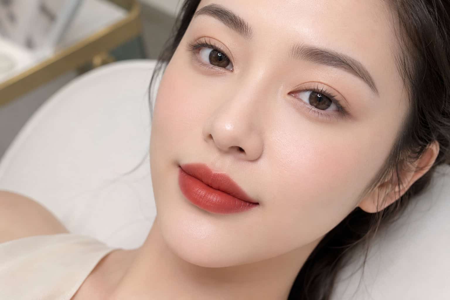 Phun môi vi chạm màu đỏ gạch phù hợp với người có tone da sáng