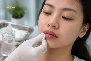 Vệ sinh môi nhẹ nhàng với nước muối sinh lý để sát khuẩn và làm dịu môi bị kích ứng