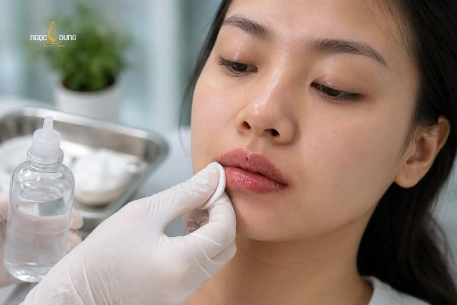 Vệ sinh môi nhẹ nhàng với nước muối sinh lý để sát khuẩn và làm dịu môi bị kích ứng