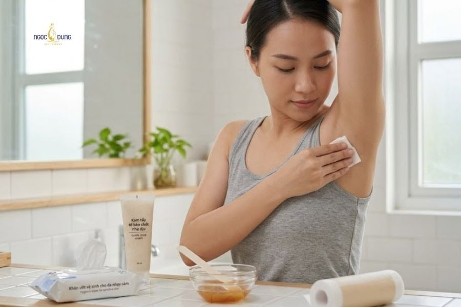 Cách wax lông nách tại nhà bằng sáp an toàn, sạch thâm 3 Vệ sinh vùng cánh nhẹ nhàng trước khi wax lông